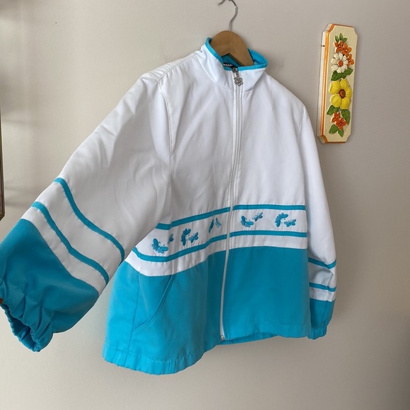 Vintage Bomber Butterfly Embroidered Blue and White Zip Lined Jacket Spring - Picture 3 of 8